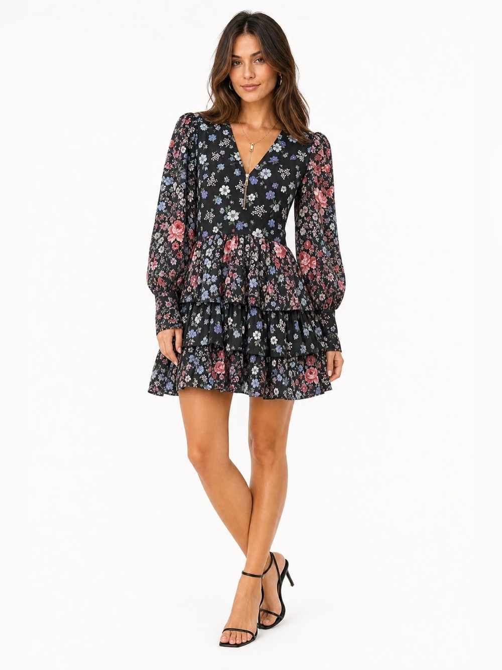 LoveShackFancy Paris Black Floral Ruffle Tiered Long Puff Sleeve Mini Dress